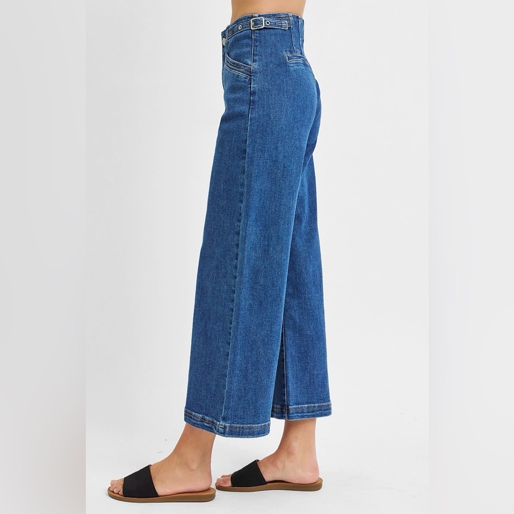 Risen High Rise Crop Wide Leg Jeans – Adjustable Waistband | Dark Wash Denim - Picture 6 of 11